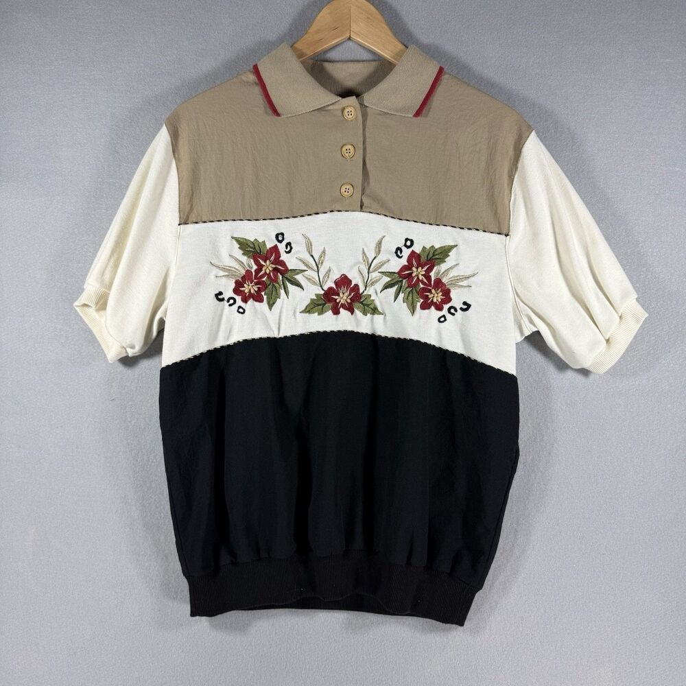 Vintage Alfred Dunner Small Floral Embroidered Beaded Colorblock Polo Shirt